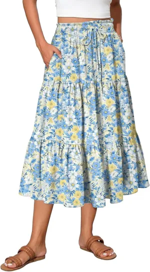 Women Skirt Summer Drawstring High Waist Midi Skirt Elegant A Line Floral Print Tiered Knee Length Skirts with Pockets