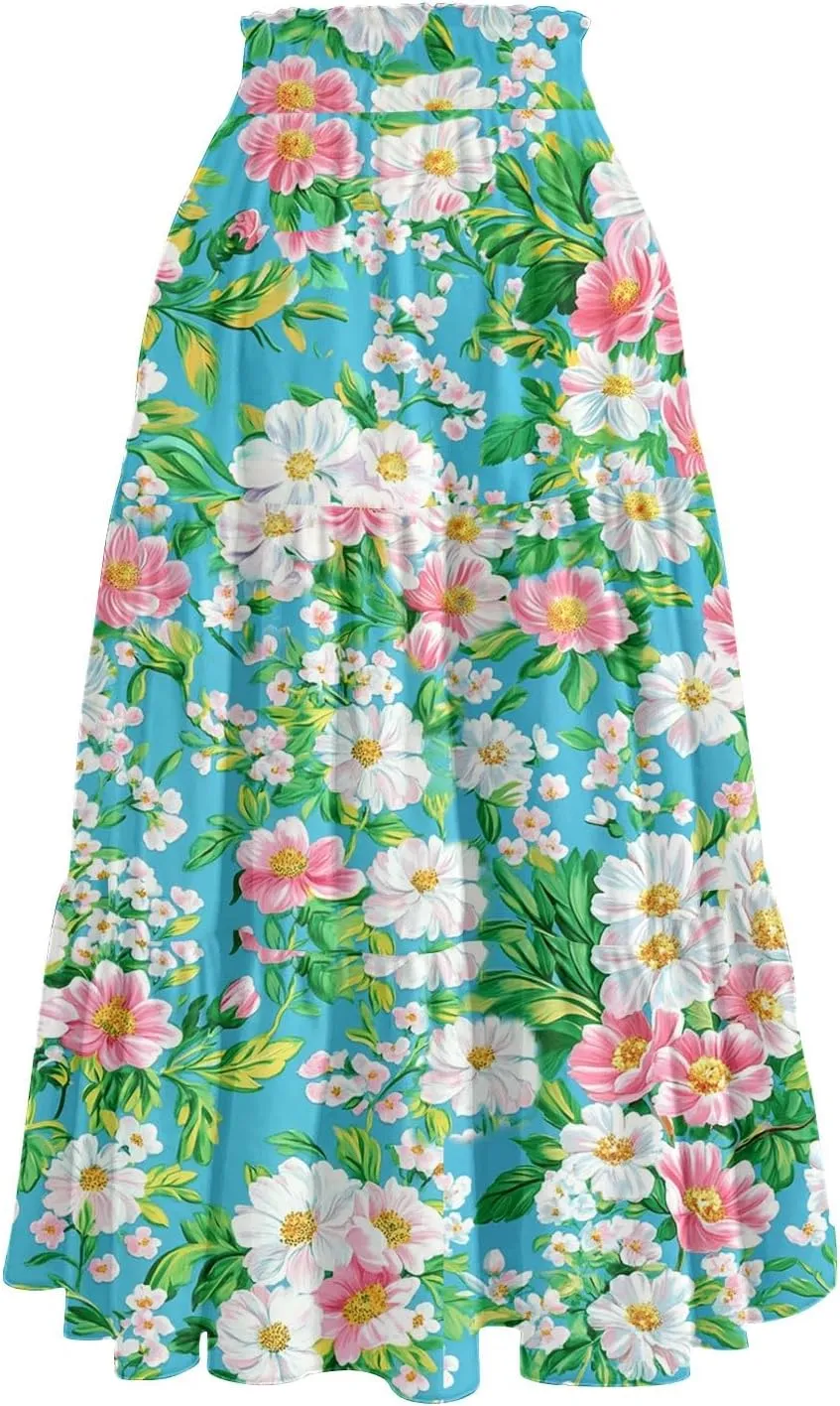 Women Skirt Summer Drawstring High Waist Midi Skirt Elegant A Line Floral Print Tiered Knee Length Skirts with Pockets