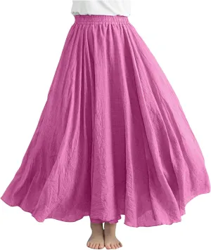 Women Summer Boho Flowy Swing A-Line Maxi Skirt Casual Linen Skirts 2025 Trendy Elastic High Waist Long Beach Dress