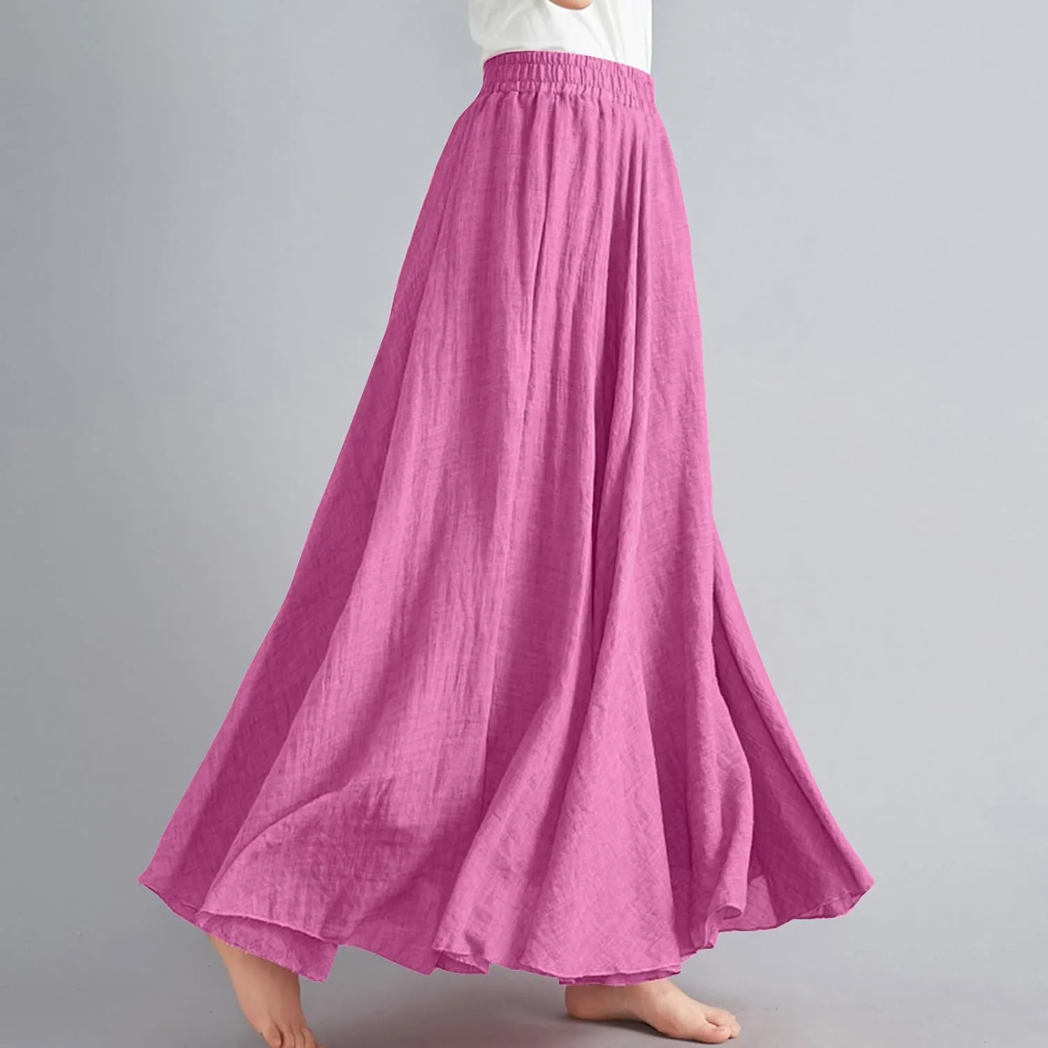 Women Summer Boho Flowy Swing A-Line Maxi Skirt Casual Linen Skirts 2025 Trendy Elastic High Waist Long Beach Dress