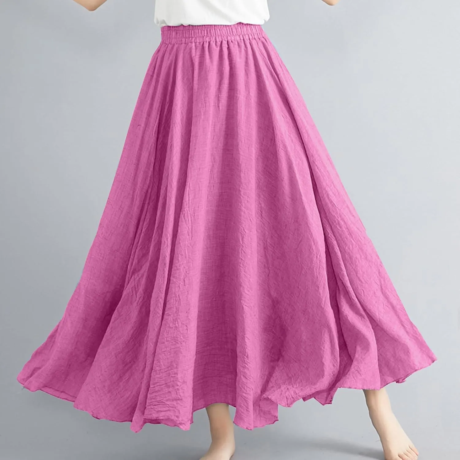 Women Summer Boho Flowy Swing A-Line Maxi Skirt Casual Linen Skirts 2025 Trendy Elastic High Waist Long Beach Dress