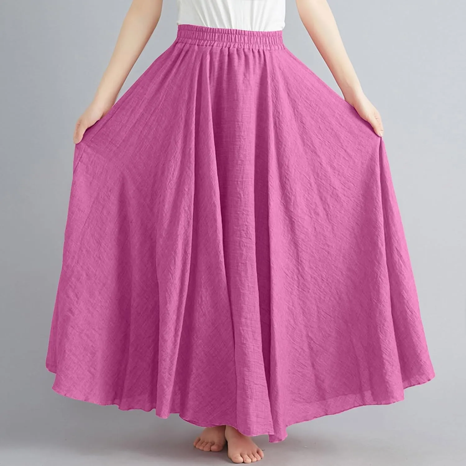 Women Summer Boho Flowy Swing A-Line Maxi Skirt Casual Linen Skirts 2025 Trendy Elastic High Waist Long Beach Dress
