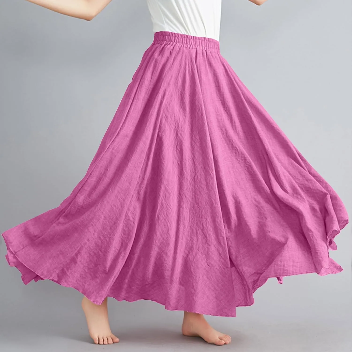 Women Summer Boho Flowy Swing A-Line Maxi Skirt Casual Linen Skirts 2025 Trendy Elastic High Waist Long Beach Dress