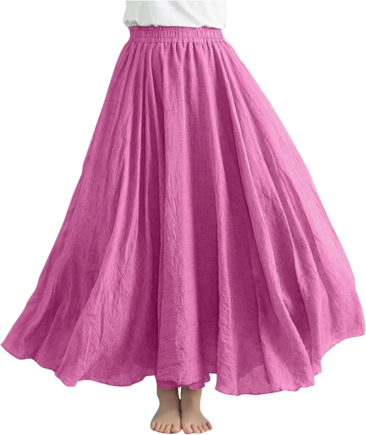 Women Summer Boho Flowy Swing A-Line Maxi Skirt Casual Linen Skirts 2025 Trendy Elastic High Waist Long Beach Dress