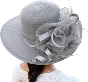 Women Tea Party Fascinator Hat Wide Brim Bridal Church Hats Cocktail Wedding Caps with Flower Headpiece