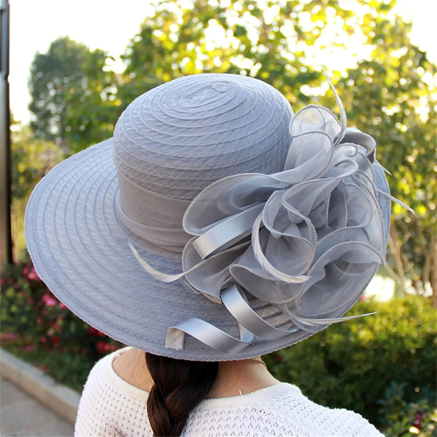 Women Tea Party Fascinator Hat Wide Brim Bridal Church Hats Cocktail Wedding Caps with Flower Headpiece
