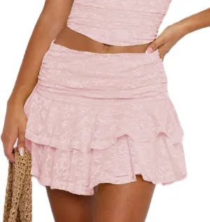 Women Y2k Lace Mini Skirts Low Elastic Rise Ruffle Half Slip Skirt Pleated Layered Flowy Short Skirt Streetwear