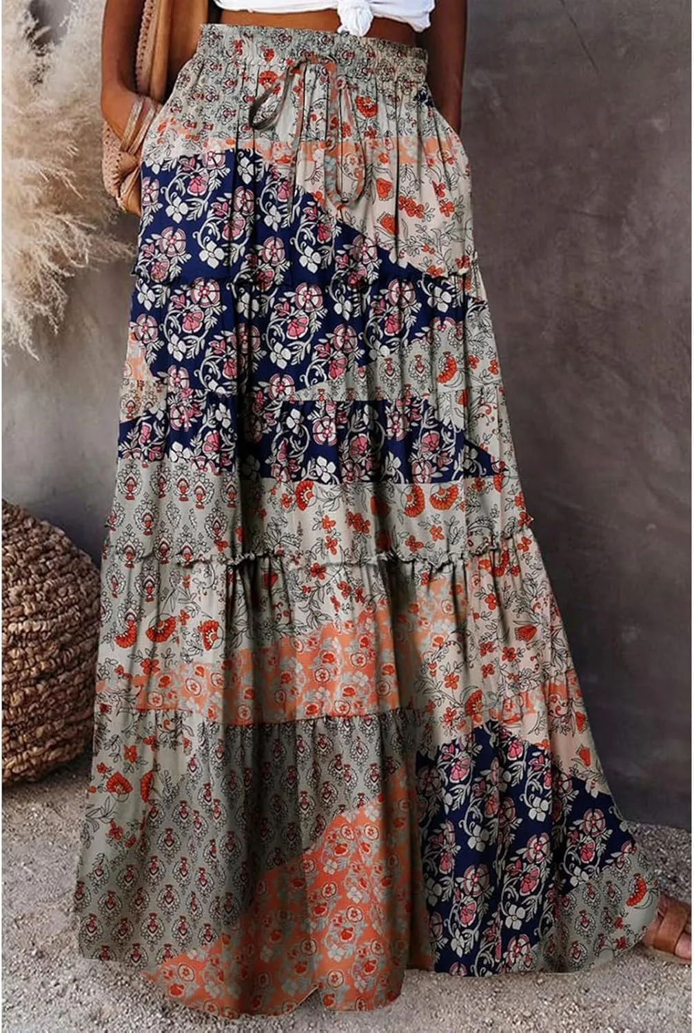 Women's 2025 Summer Skirt High Waist Flowy A Line Boho Skirt Maxi Skirt with Pockets