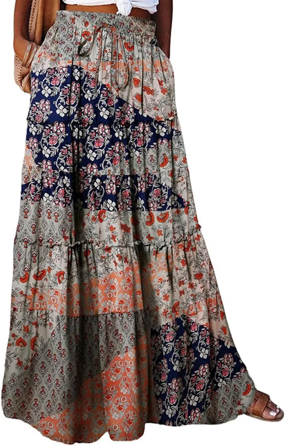 Women's 2025 Summer Skirt High Waist Flowy A Line Boho Skirt Maxi Skirt with Pockets