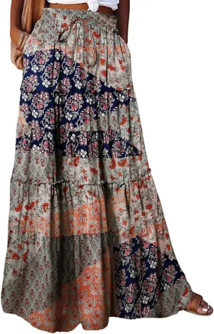 Women's 2025 Summer Skirt High Waist Flowy A Line Boho Skirt Maxi Skirt with Pockets