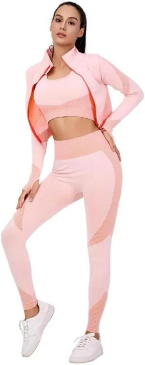 Women's 3-Piece Seamless Workout Set – High-Waist Leggings, Sports Bra & Crop Top – Yoga & Fitness Gym Activewear