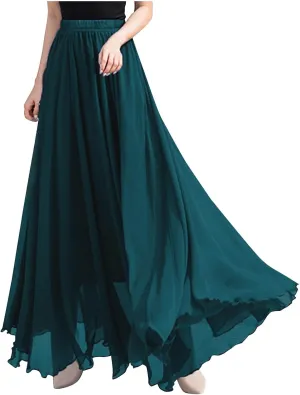Womens A-Line Maxi Skirts Ruffle Elastic Waist Pleated Long Skirt Summer Beach Vacation Casual Loose Clothes 2025