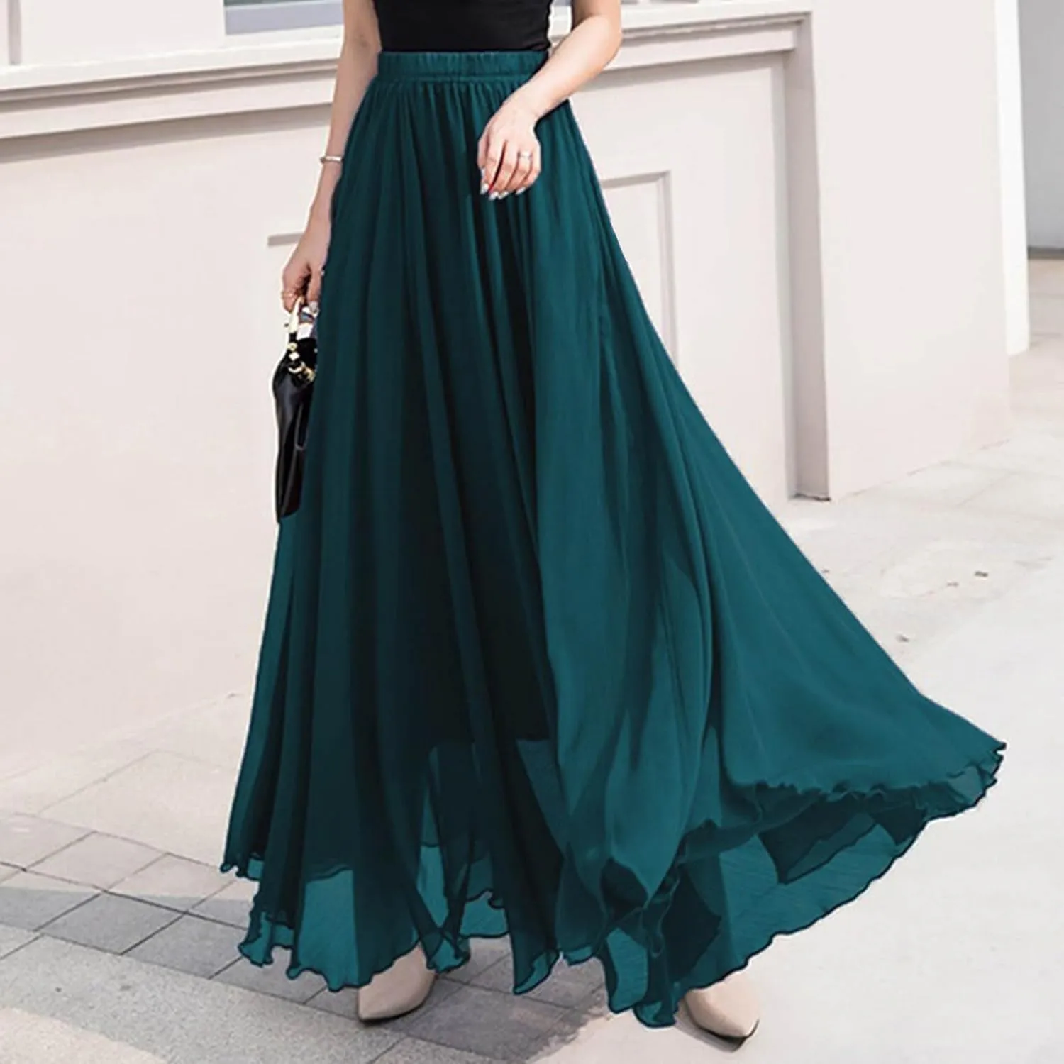 Womens A-Line Maxi Skirts Ruffle Elastic Waist Pleated Long Skirt Summer Beach Vacation Casual Loose Clothes 2025