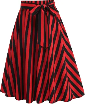 Womens A Line Midi Skirt Pleated Striped Color Block Elastic Waist Tiered Summer Casual Trendy Dressy Long Skirts