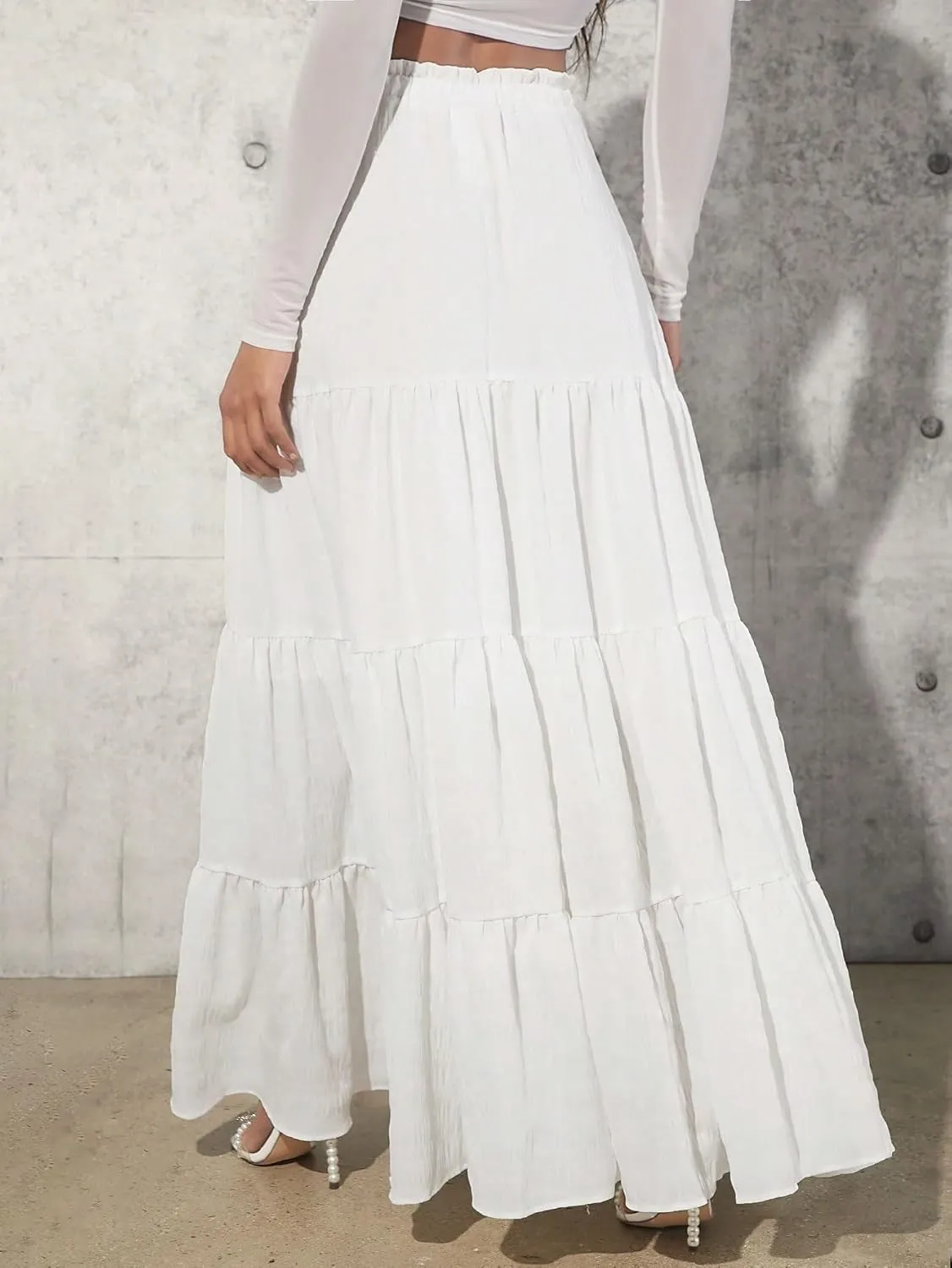Women's Basic Casual Layered Tiered Women'S Ruffled Hem Maxi Skirt Paperbag Waist Casual Skirts