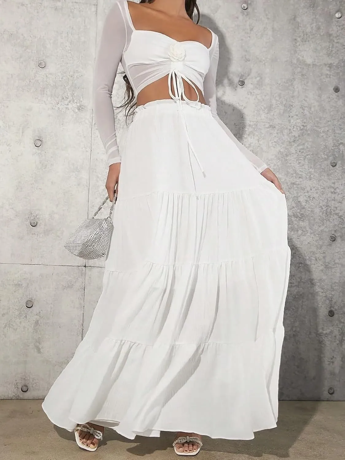 Women's Basic Casual Layered Tiered Women'S Ruffled Hem Maxi Skirt Paperbag Waist Casual Skirts