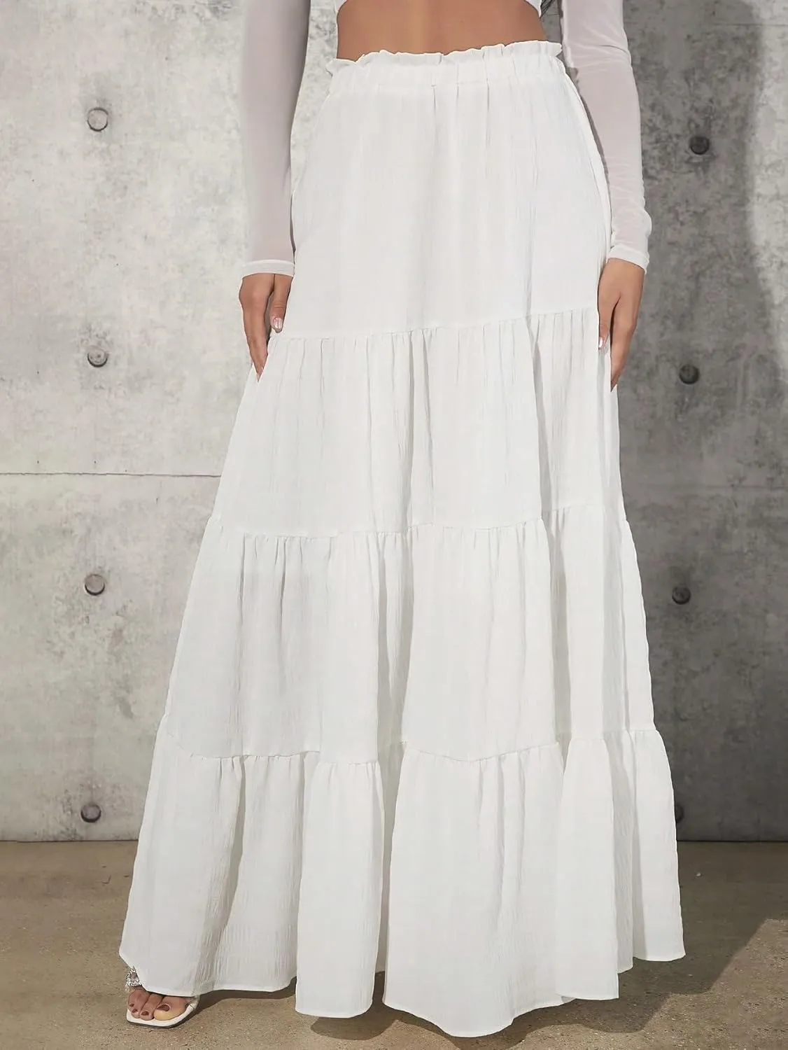 Women's Basic Casual Layered Tiered Women'S Ruffled Hem Maxi Skirt Paperbag Waist Casual Skirts
