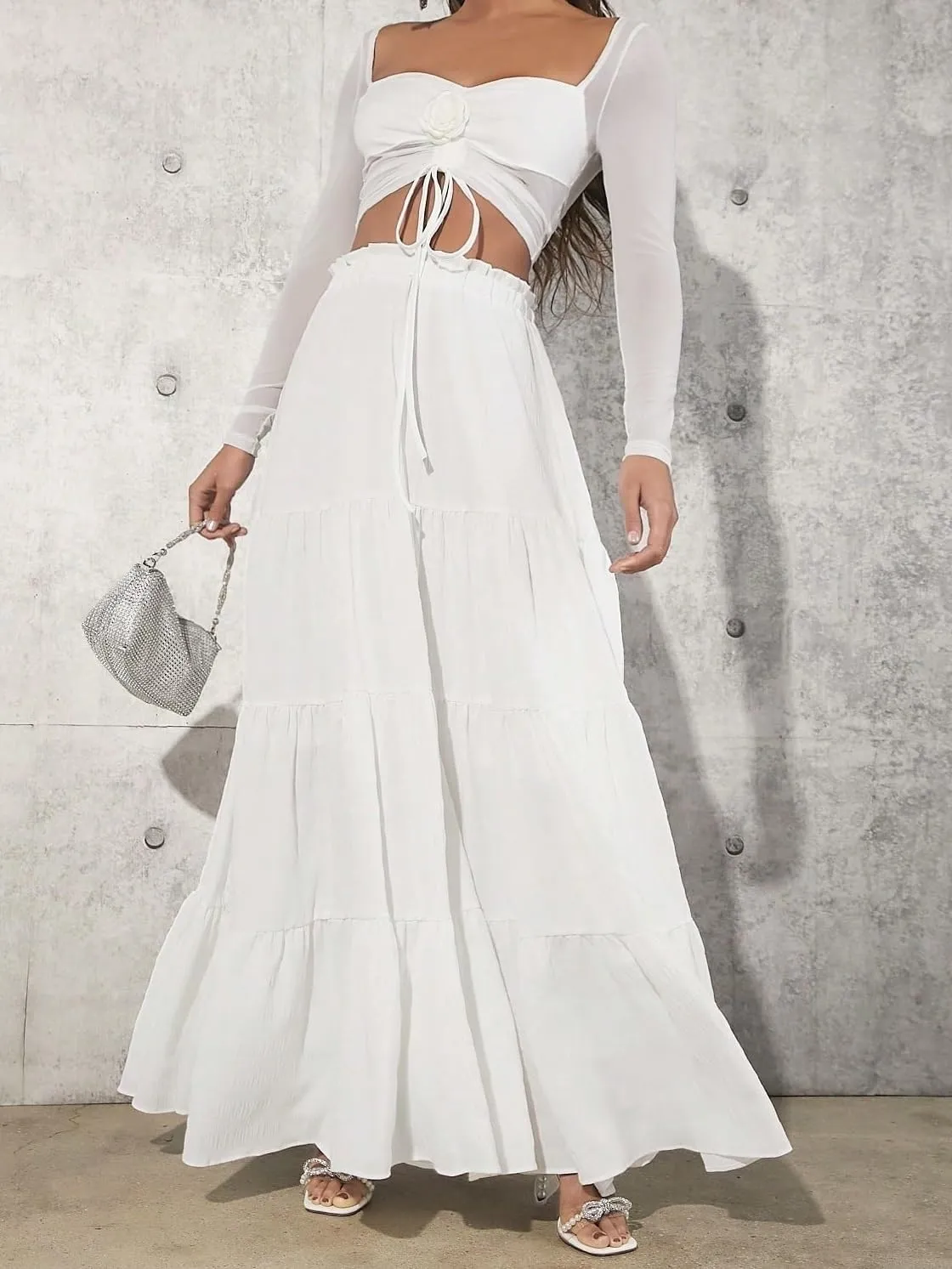 Women's Basic Casual Layered Tiered Women'S Ruffled Hem Maxi Skirt Paperbag Waist Casual Skirts