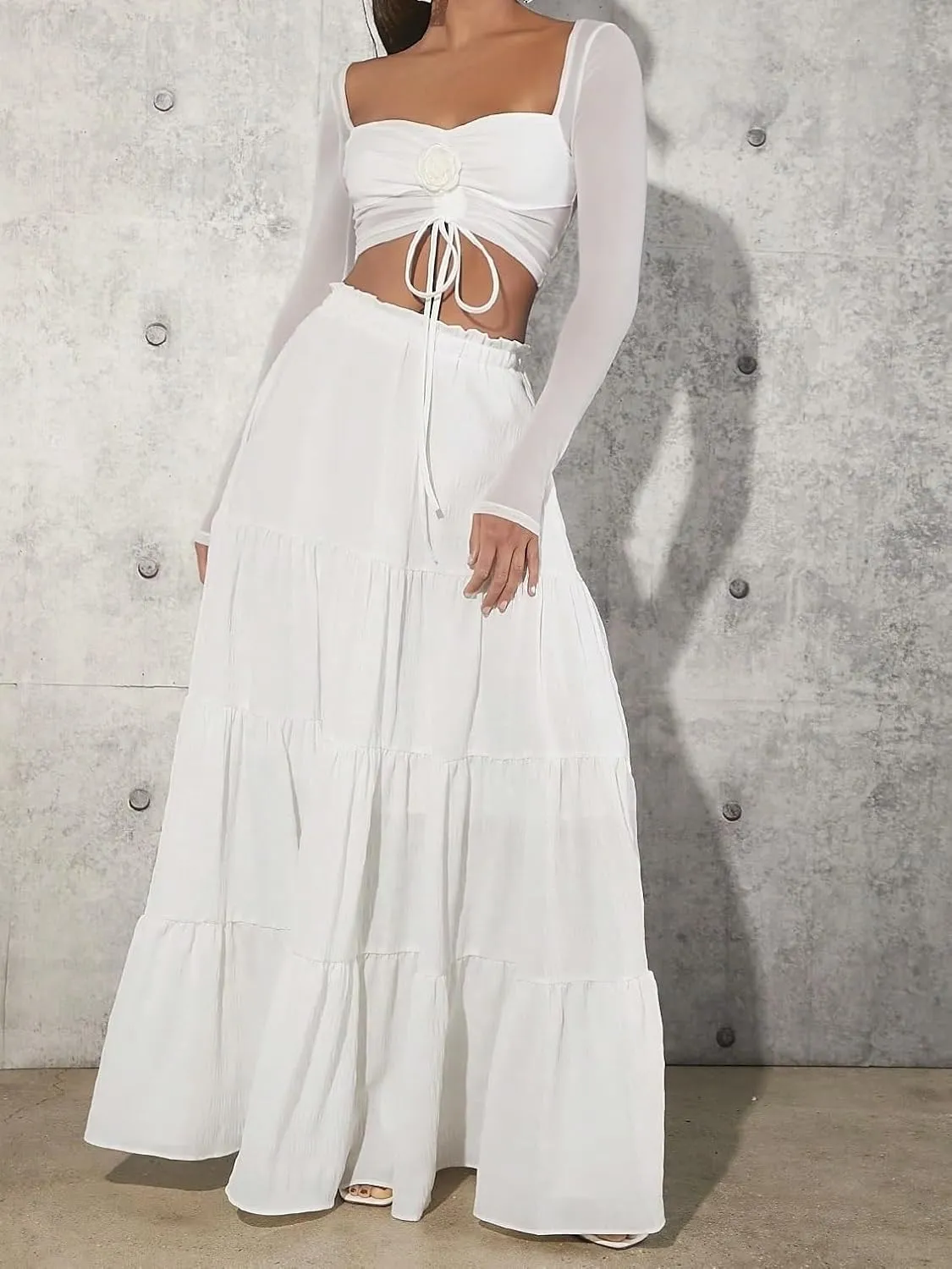 Women's Basic Casual Layered Tiered Women'S Ruffled Hem Maxi Skirt Paperbag Waist Casual Skirts