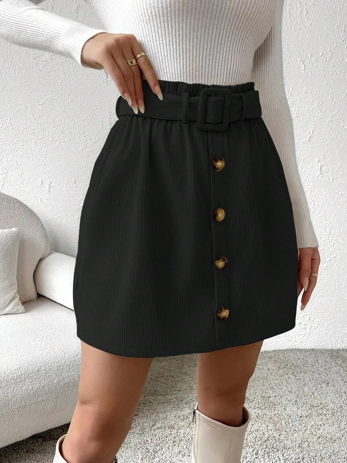 Women's Basic High Waist Paperbag Waist Belted Short Skirt Plain A Line Button Front Casual Skirts