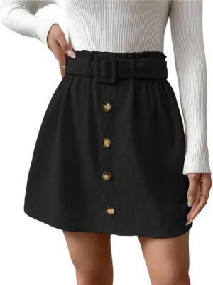Women's Basic High Waist Paperbag Waist Belted Short Skirt Plain A Line Button Front Casual Skirts