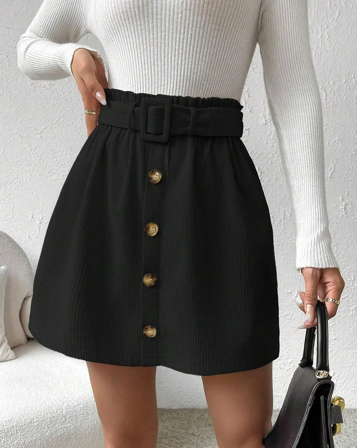 Women's Basic High Waist Paperbag Waist Belted Short Skirt Plain A Line Button Front Casual Skirts