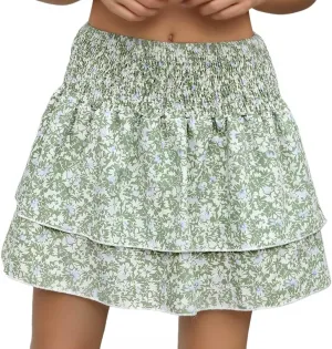 Women's Boho Ruffle Mini Skirt Summer Print Floral Tiered Short Skirts Casual High Waist Flowy Pleated Boho Floral Skort