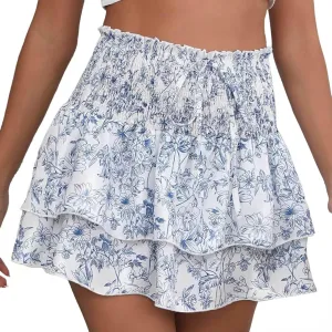 Women's Boho Ruffle Mini Skirt Summer Print Floral Tiered Short Skirts Casual High Waist Flowy Pleated Boho Floral Skort