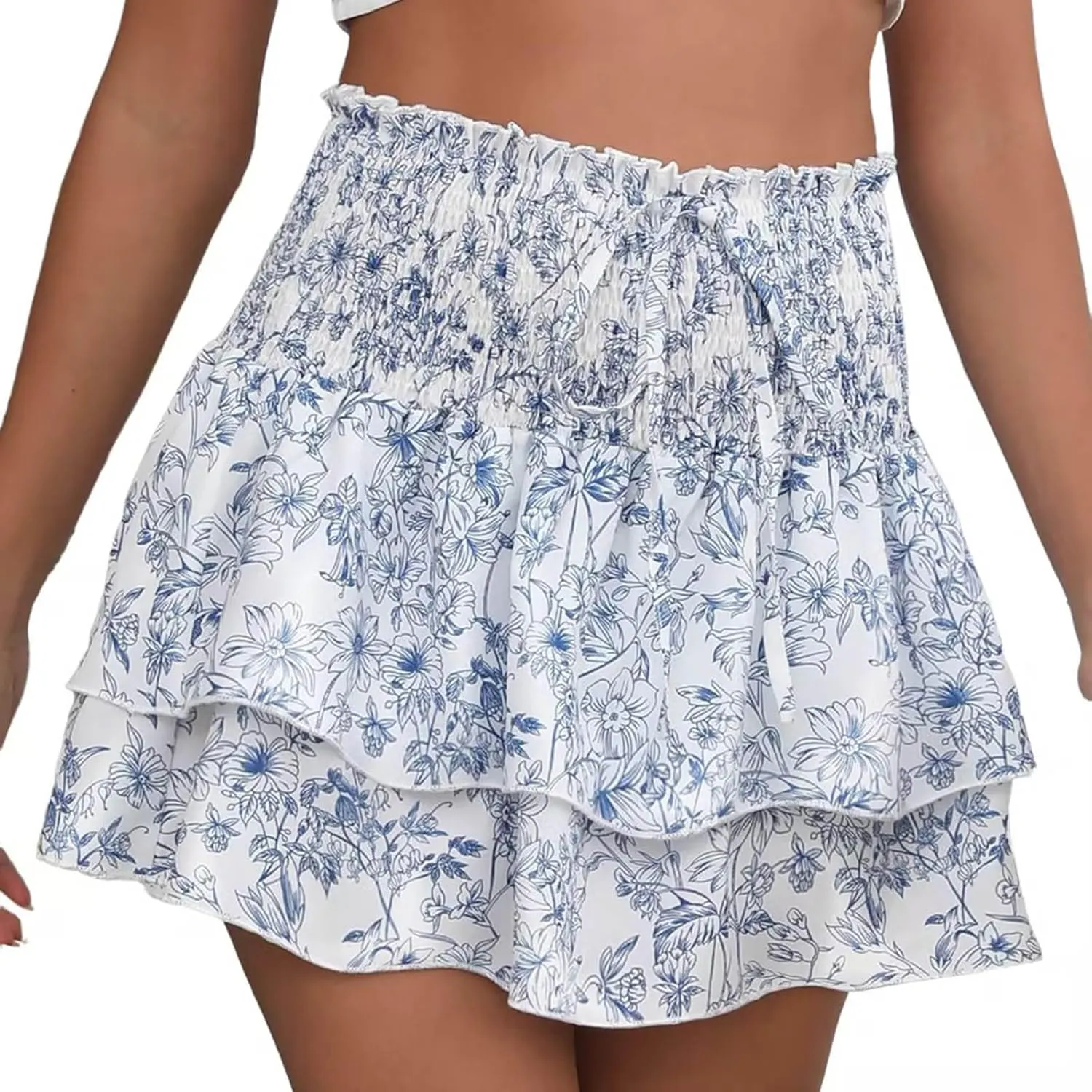 Women's Boho Ruffle Mini Skirt Summer Print Floral Tiered Short Skirts Casual High Waist Flowy Pleated Boho Floral Skort