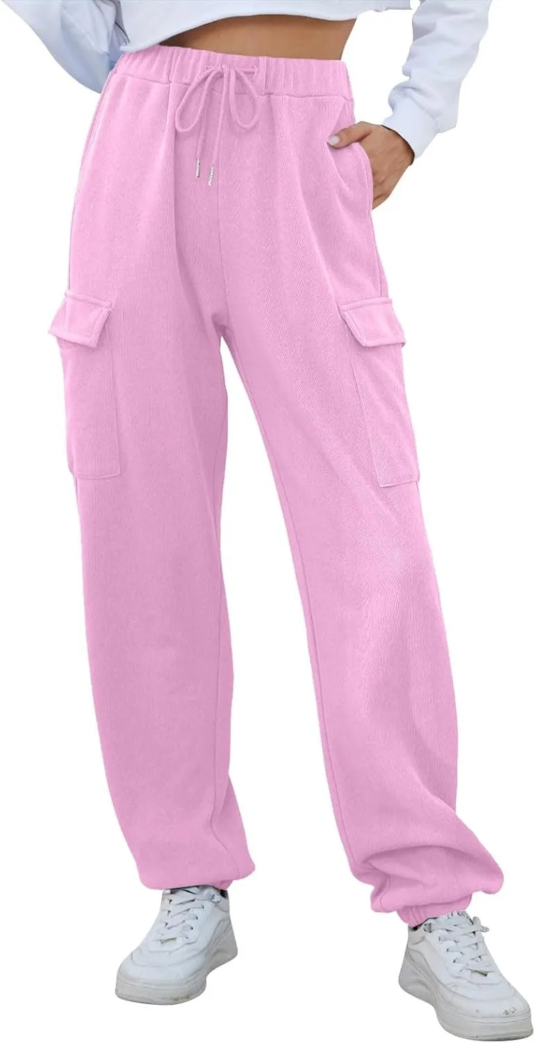 Womens Cargo Sweatpants Baggy Drawstring High Waisted Joggers with Pockets Cinch Bottom Casual Lounge Pants