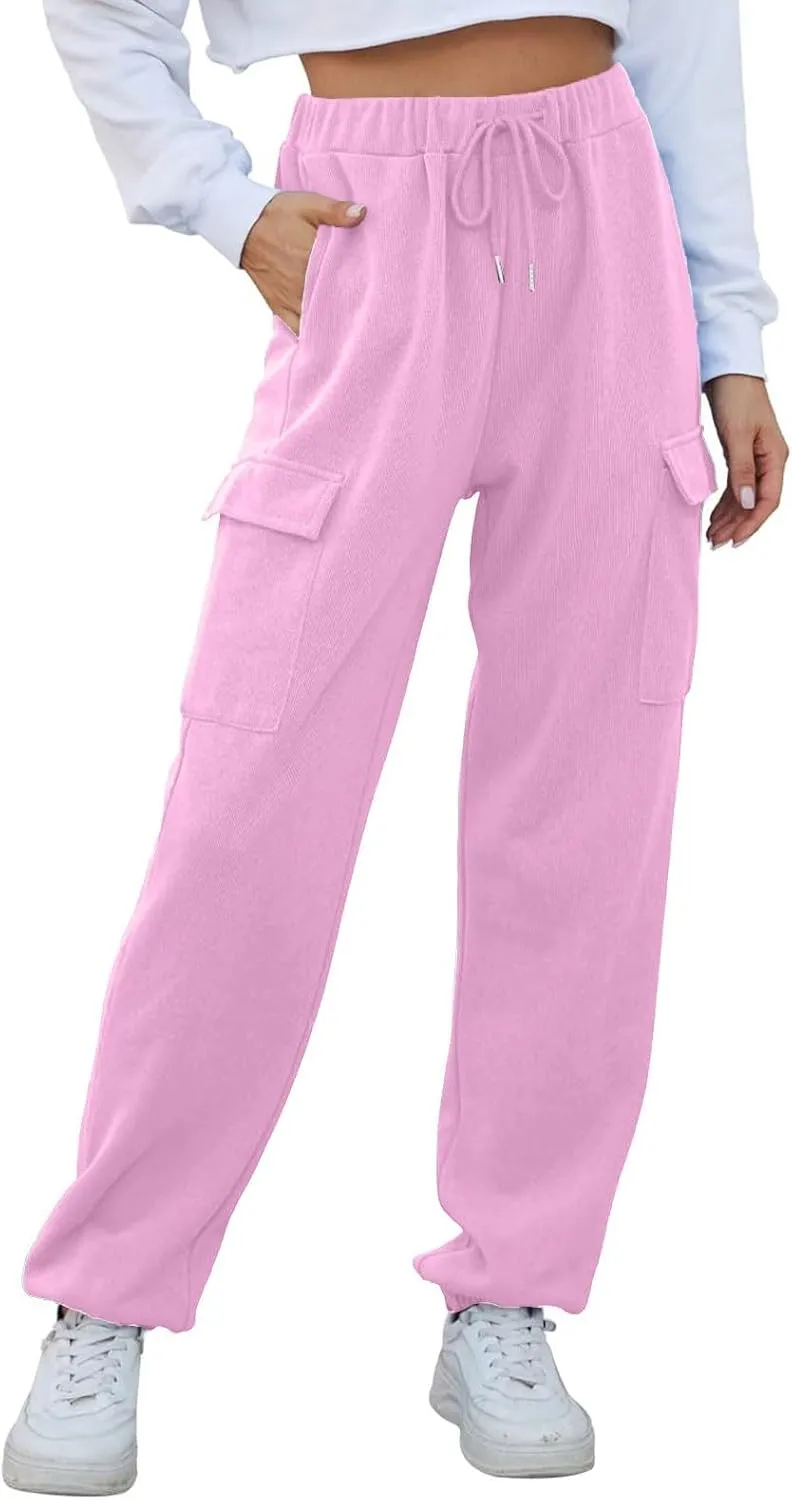 Womens Cargo Sweatpants Baggy Drawstring High Waisted Joggers with Pockets Cinch Bottom Casual Lounge Pants