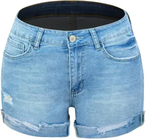Women's Classic Ripped Button Fly Jeans Shorts High Rise Roll Hem Frayed Denim Shorts Summer Casual Shorts with Pockets