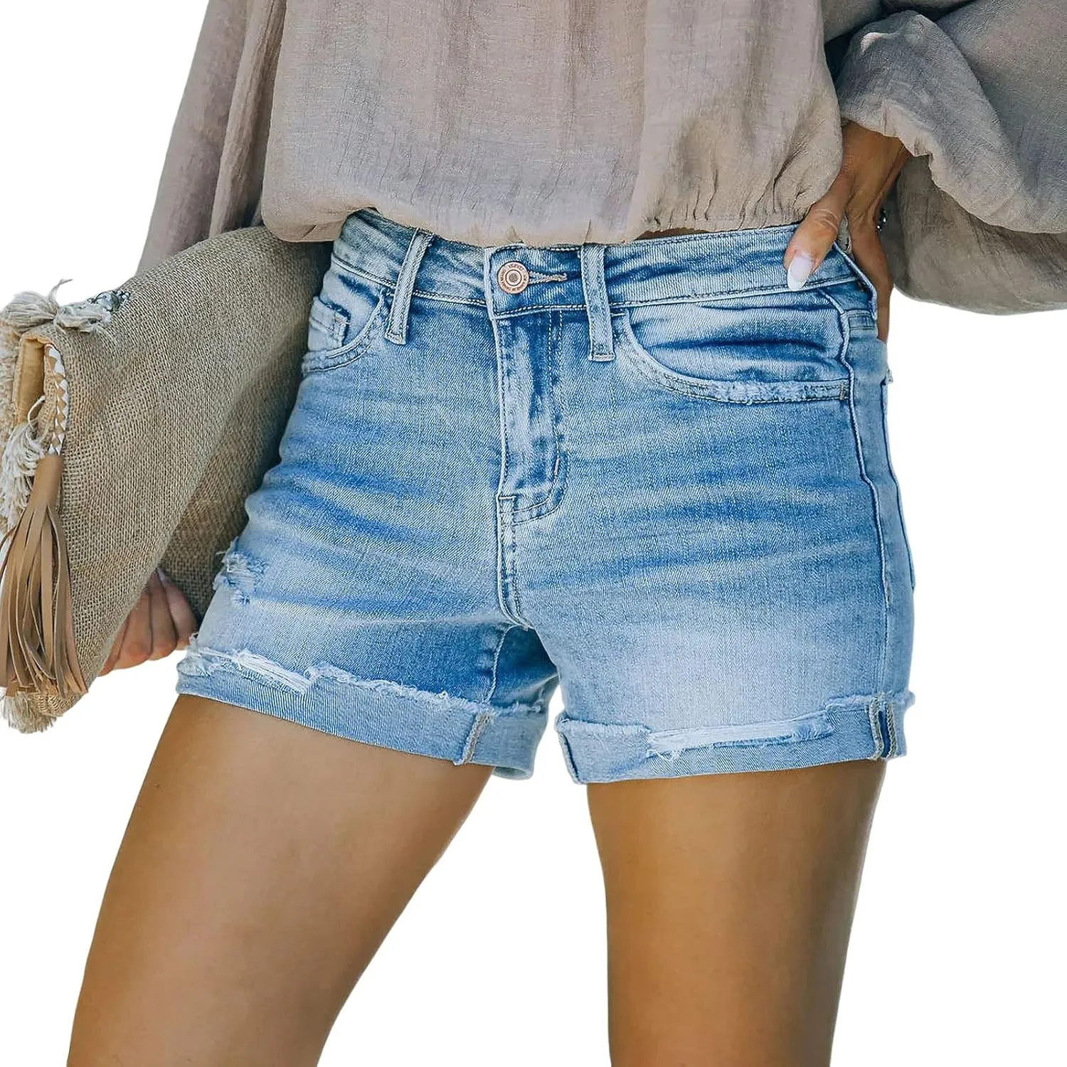 Women's Classic Ripped Button Fly Jeans Shorts High Rise Roll Hem Frayed Denim Shorts Summer Casual Shorts with Pockets