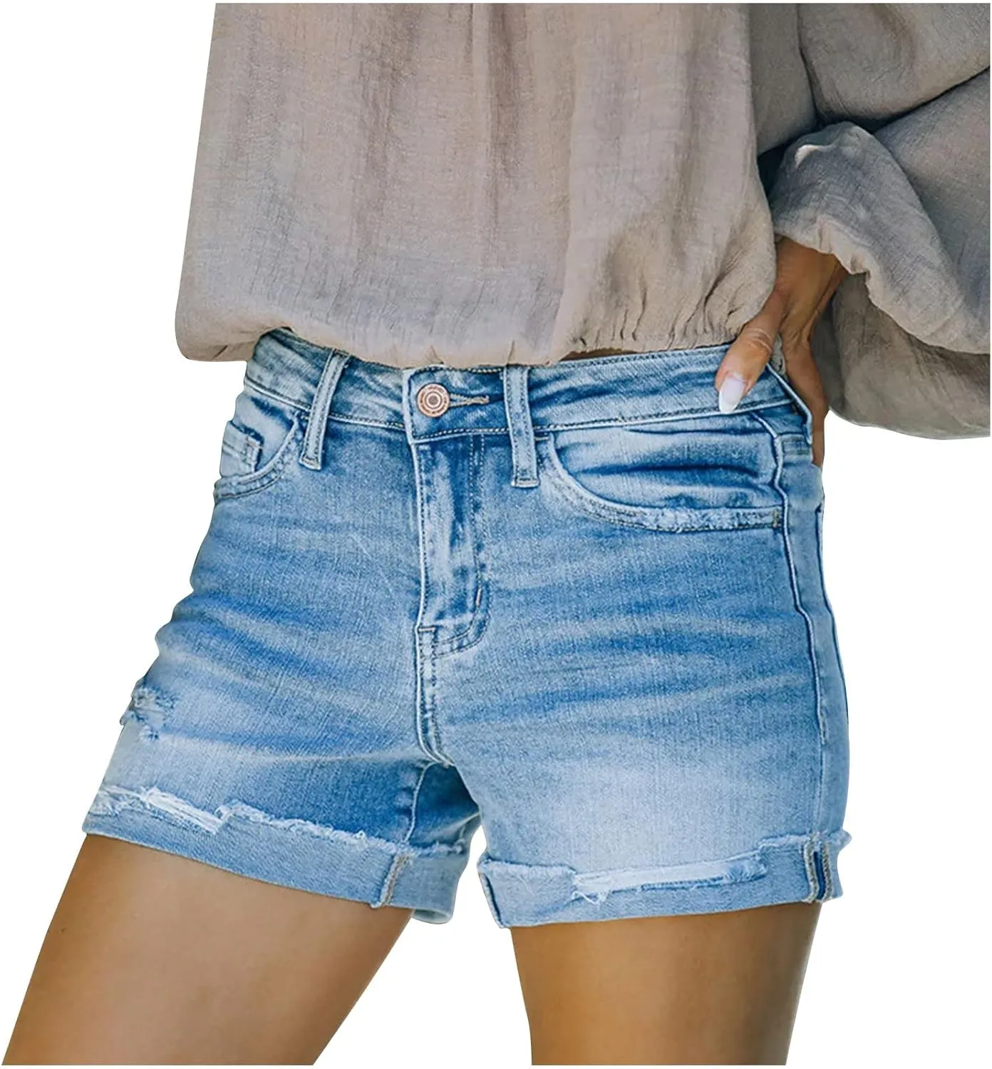 Women's Classic Ripped Button Fly Jeans Shorts High Rise Roll Hem Frayed Denim Shorts Summer Casual Shorts with Pockets