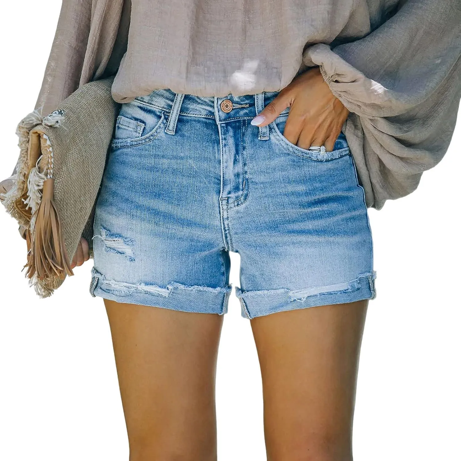 Women's Classic Ripped Button Fly Jeans Shorts High Rise Roll Hem Frayed Denim Shorts Summer Casual Shorts with Pockets