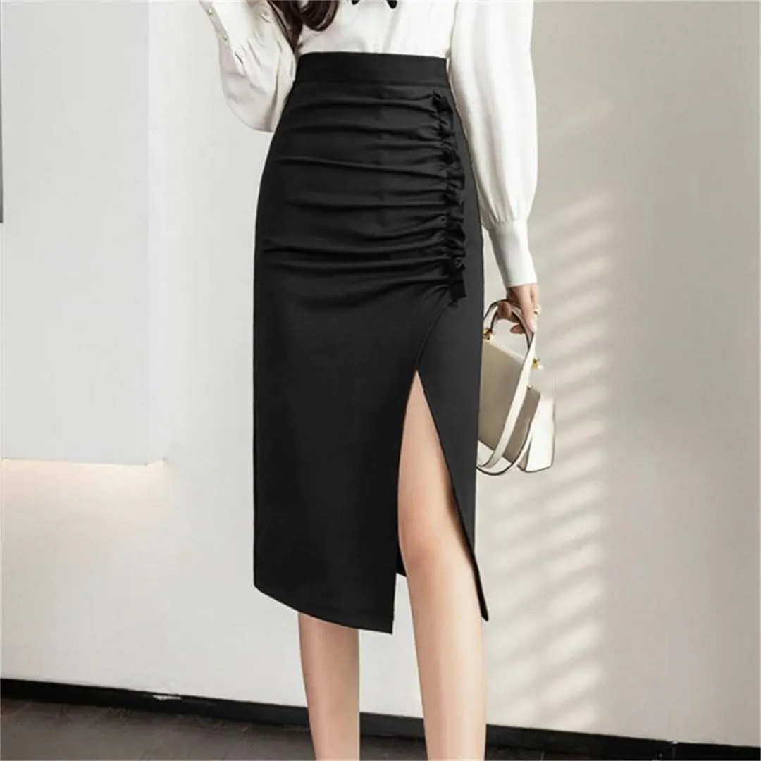 Women's Elegant Irregular Wrap Skirts High Waist Front Split Sheath Pencil Office Skirts