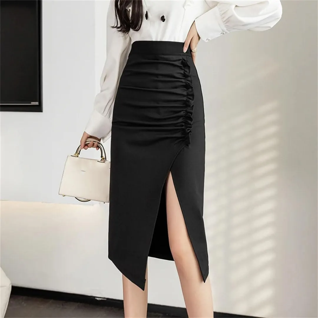 Women's Elegant Irregular Wrap Skirts High Waist Front Split Sheath Pencil Office Skirts