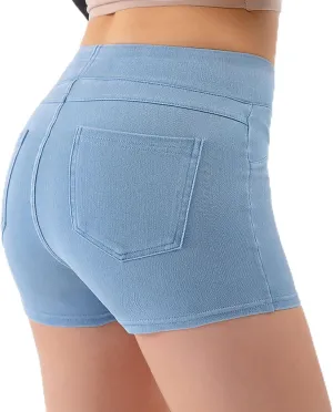 Womens Faux Denim Shorts High Waisted Stretchy Jeans Look Dressy Sexy Butt-Lifting Shorts Summer Bottoms