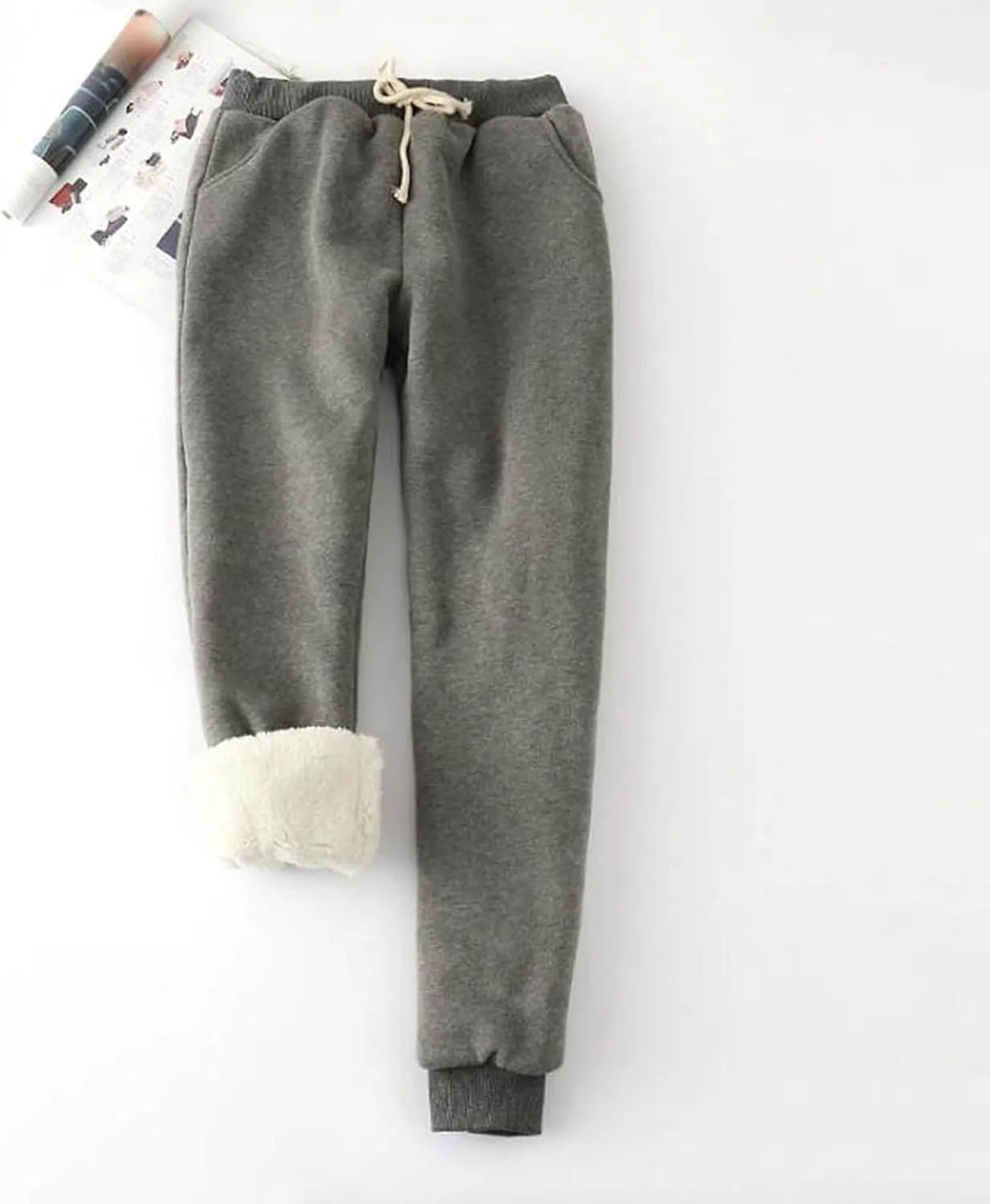 Womens Fleece Pants Sherpa Lined Sweatpants Winter Warm Cashmere Sweat Pants Solid Color Casual Jogger with Pockets