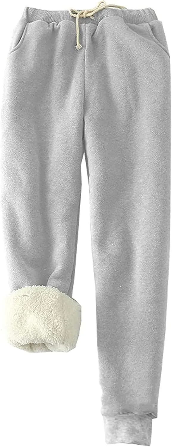 Womens Fleece Pants Sherpa Lined Sweatpants Winter Warm Cashmere Sweat Pants Solid Color Casual Jogger with Pockets