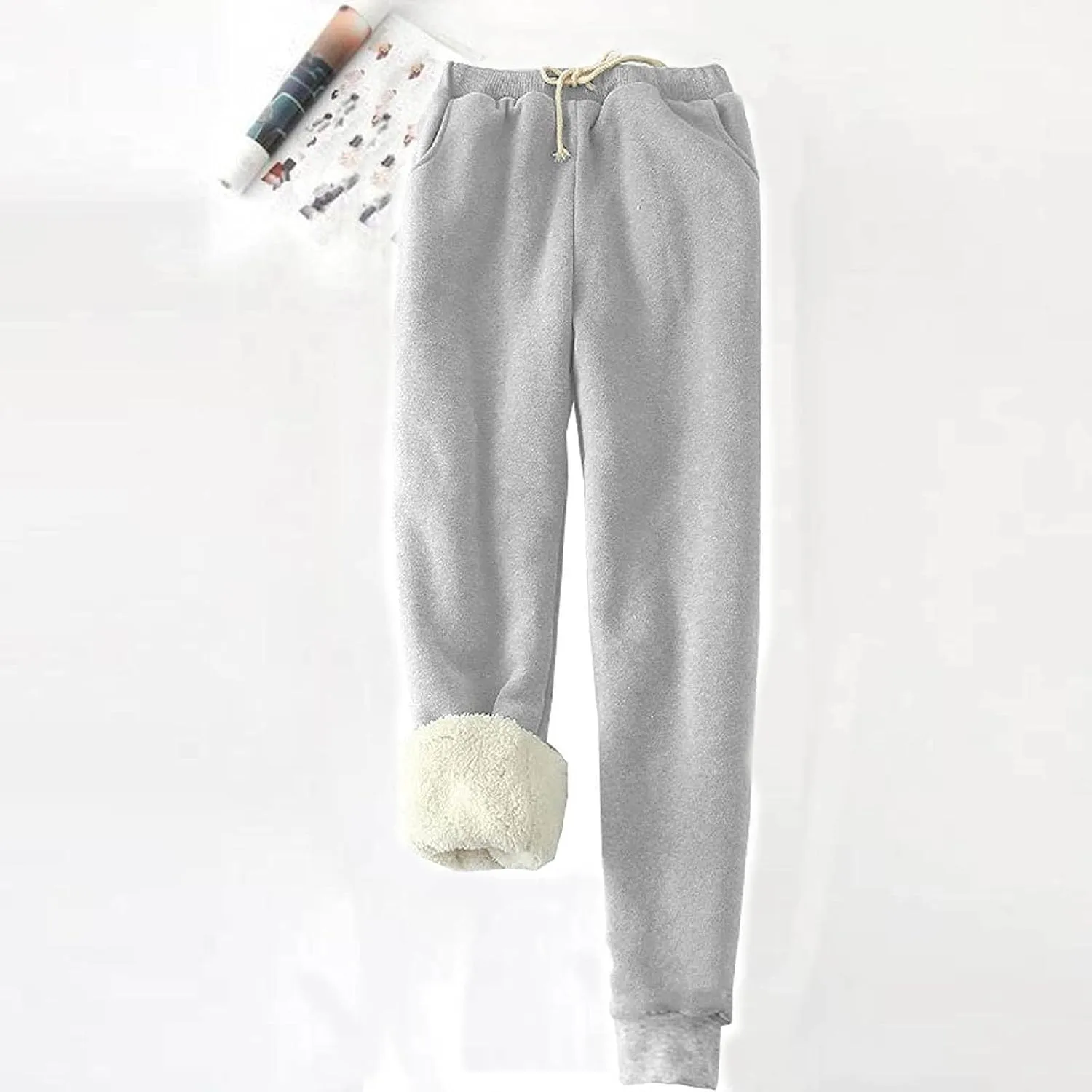 Womens Fleece Pants Sherpa Lined Sweatpants Winter Warm Cashmere Sweat Pants Solid Color Casual Jogger with Pockets