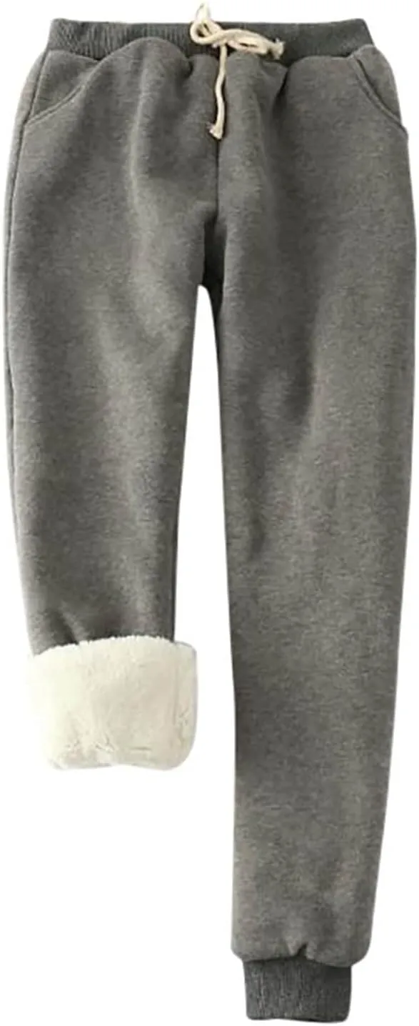 Womens Fleece Pants Sherpa Lined Sweatpants Winter Warm Cashmere Sweat Pants Solid Color Casual Jogger with Pockets