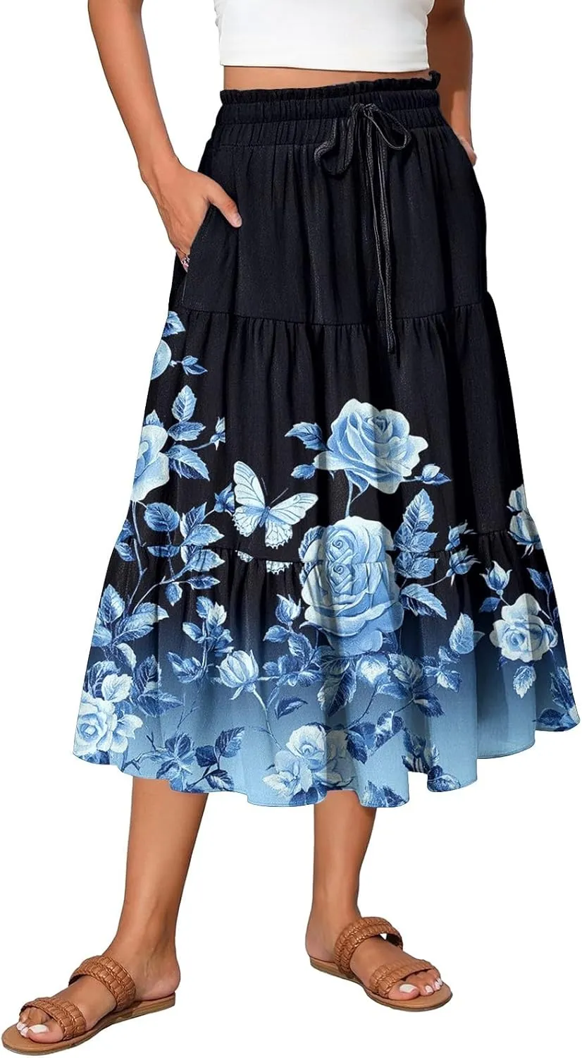 Womens Floral Printed Boho Midi Skirt Elastic High Waisted Pleated Flowy Summer Swing A-Line Skirts with Pockets
