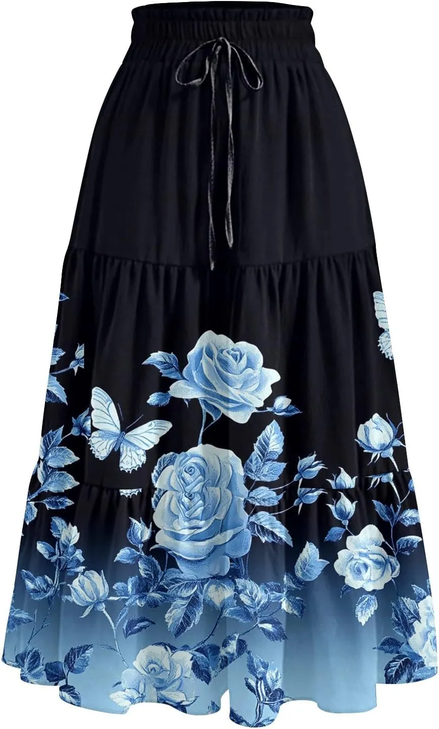 Womens Floral Printed Boho Midi Skirt Elastic High Waisted Pleated Flowy Summer Swing A-Line Skirts with Pockets