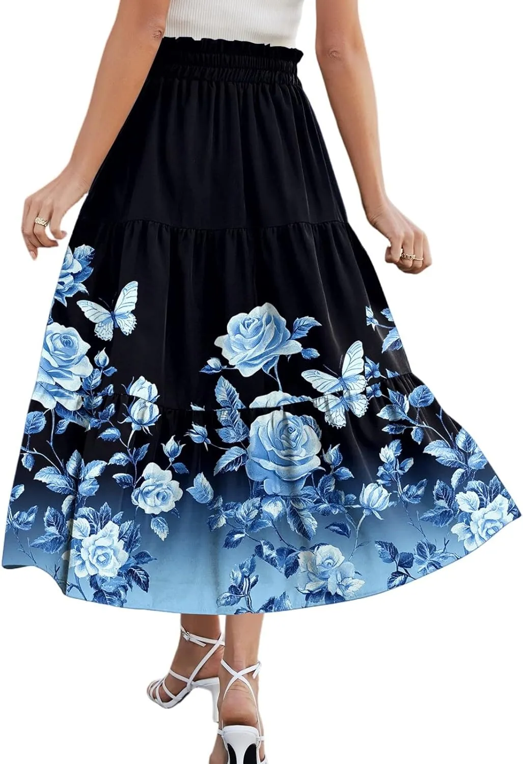 Womens Floral Printed Boho Midi Skirt Elastic High Waisted Pleated Flowy Summer Swing A-Line Skirts with Pockets