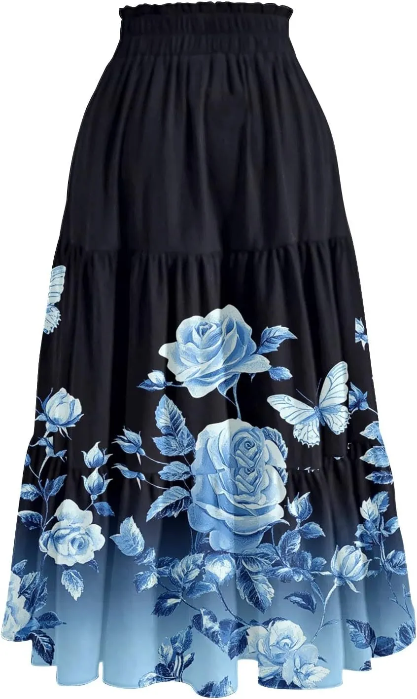 Womens Floral Printed Boho Midi Skirt Elastic High Waisted Pleated Flowy Summer Swing A-Line Skirts with Pockets