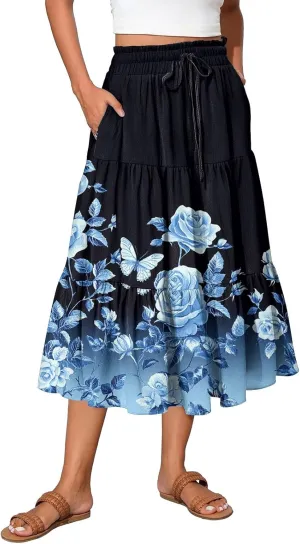 Womens Floral Printed Boho Midi Skirt Elastic High Waisted Pleated Flowy Summer Swing A-Line Skirts with Pockets