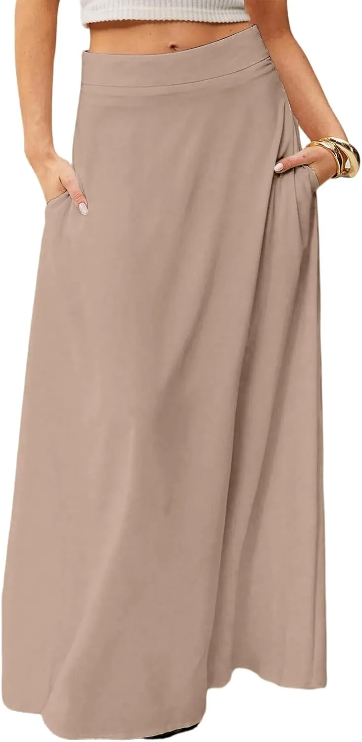 Womens Flowy A Line Skirt Boho Elastic High Waisted Long Maxi Skirts for Women Trendy Summer Basicwith Pockets