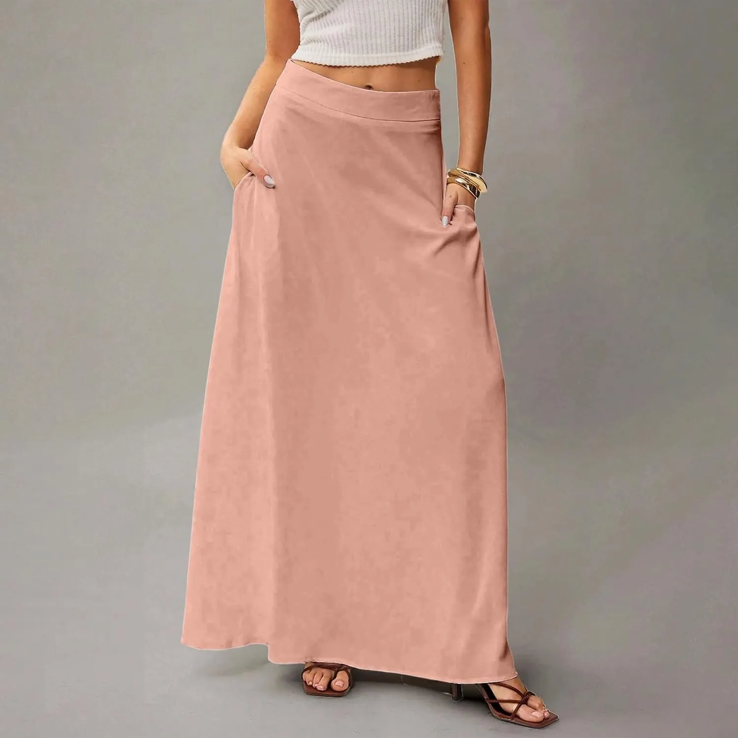 Womens Flowy A Line Skirt Boho Elastic High Waisted Long Maxi Skirts for Women Trendy Summer Basicwith Pockets