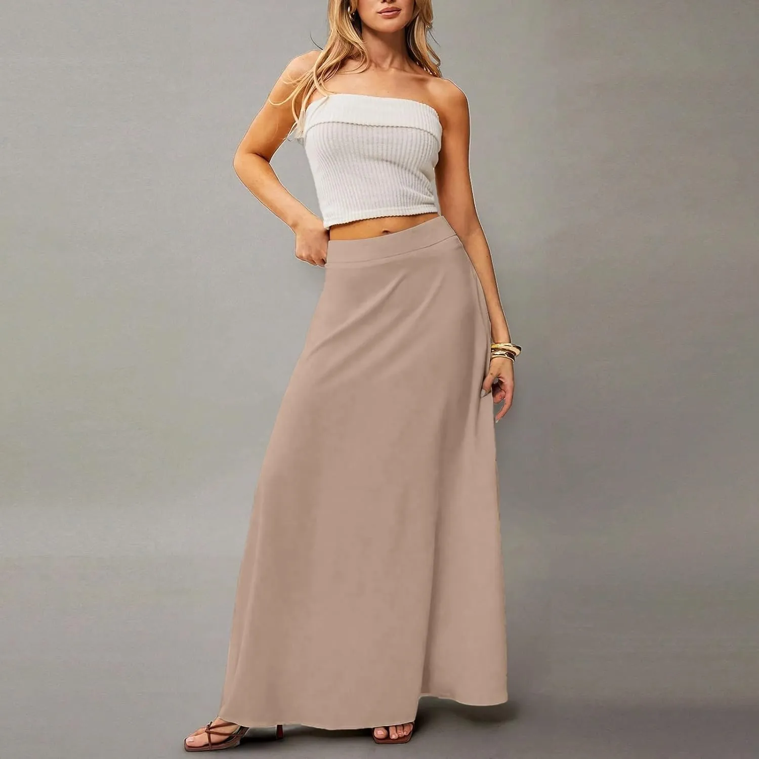 Womens Flowy A Line Skirt Boho Elastic High Waisted Long Maxi Skirts for Women Trendy Summer Basicwith Pockets